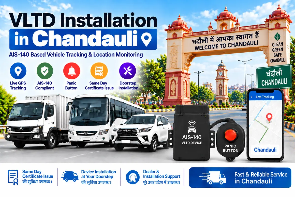 AIS-140 VLTD installation aur GPS vehicle tracking service in Chandauli, RTO UP-67