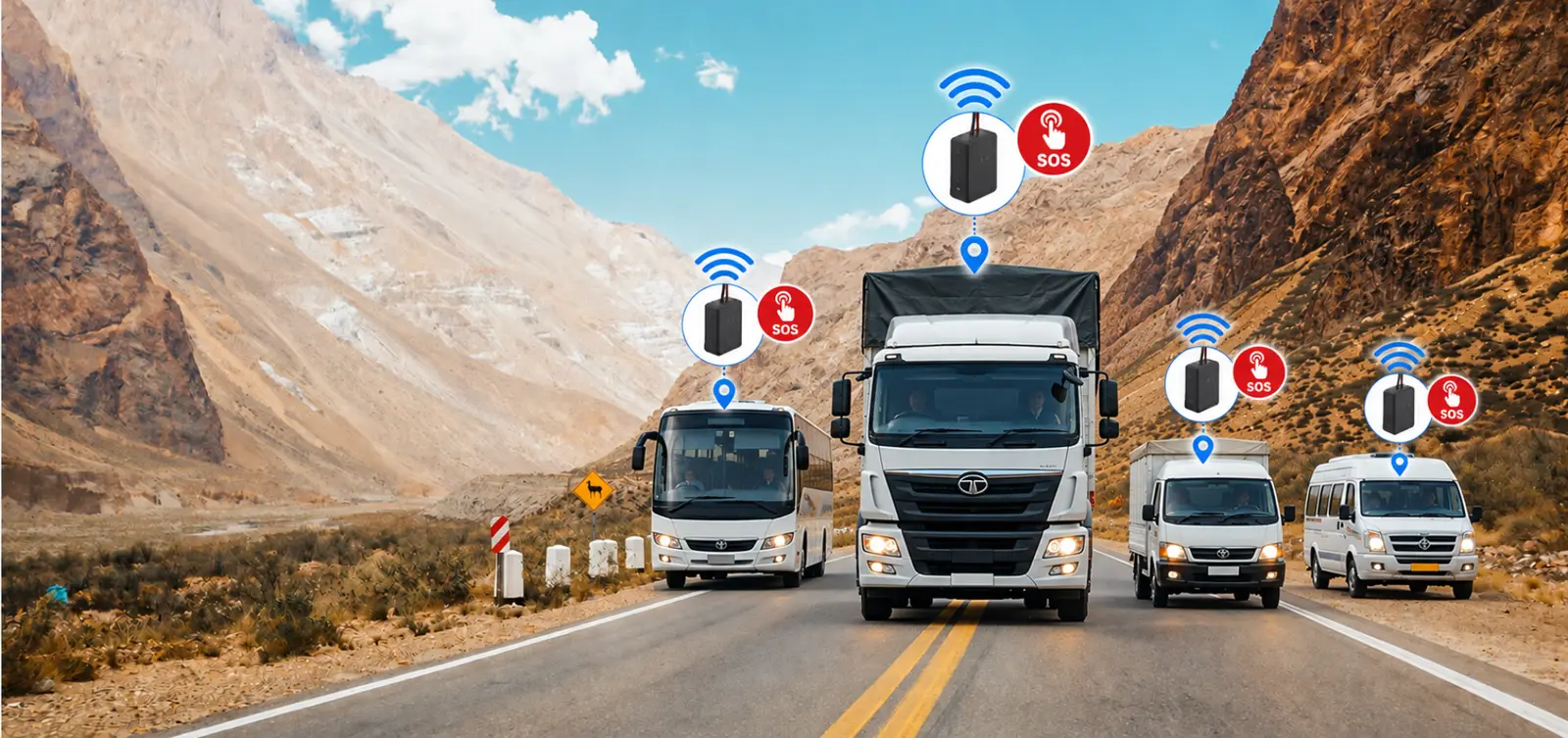 VLTD AIS-140 GPS tracking aur panic button ke saath commercial trucks, bus aur van ka fleet Uttar Pradesh highway par