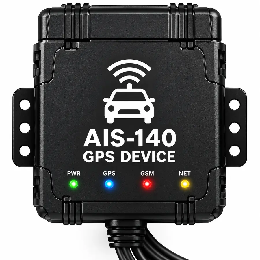 AIS-140 certified GPS VLTD device jisme PWR, GPS, GSM aur NET status indicator lights hain