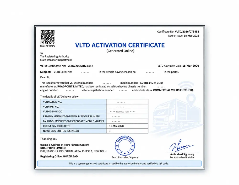 Sample VLTD Installation aur Activation Certificate — vehicle details redacted for privacy